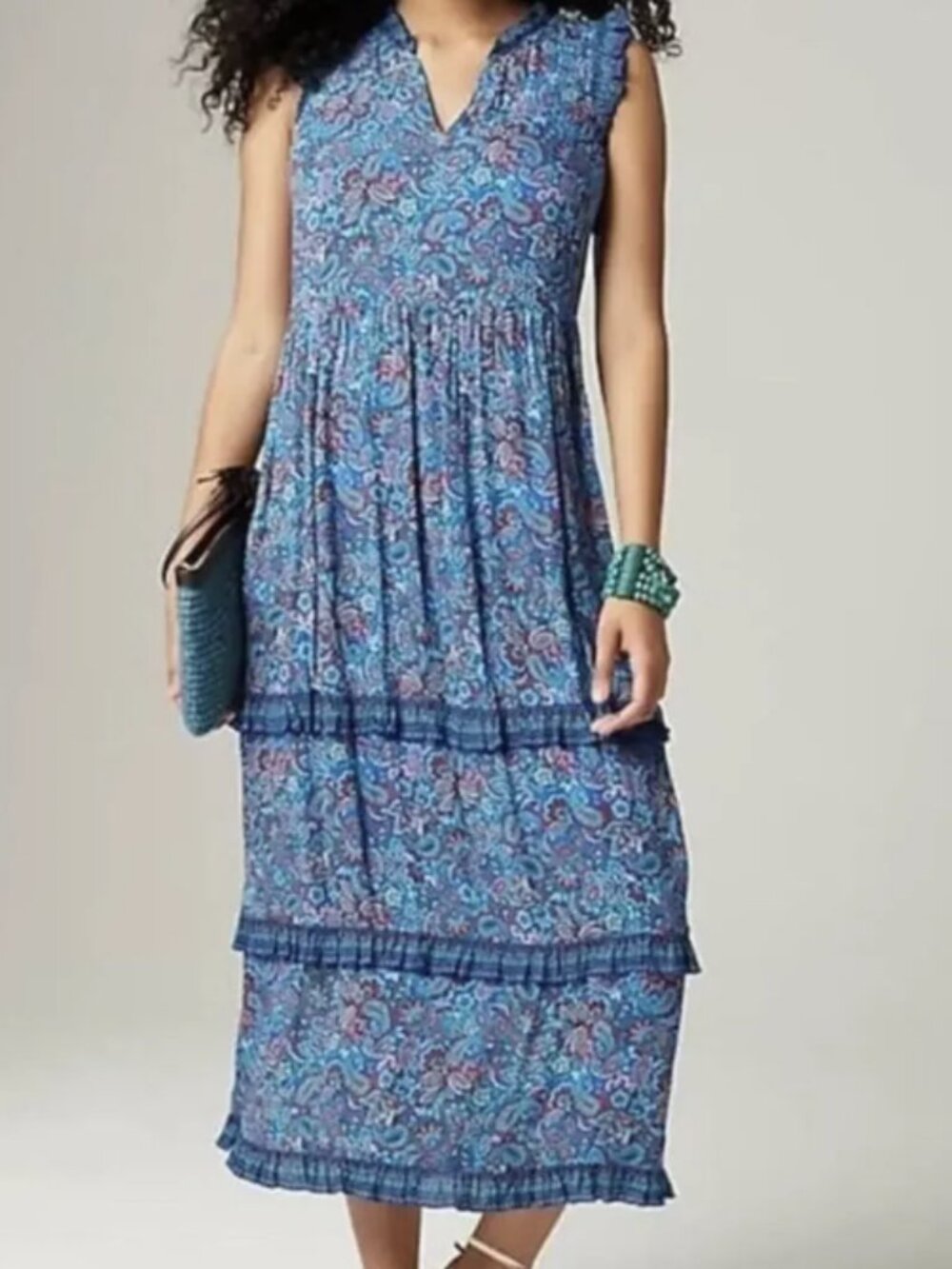 J. Jill Sz S Blue Paisley Tiered Midi Dress Rayon Boho Coastal Cottagecore